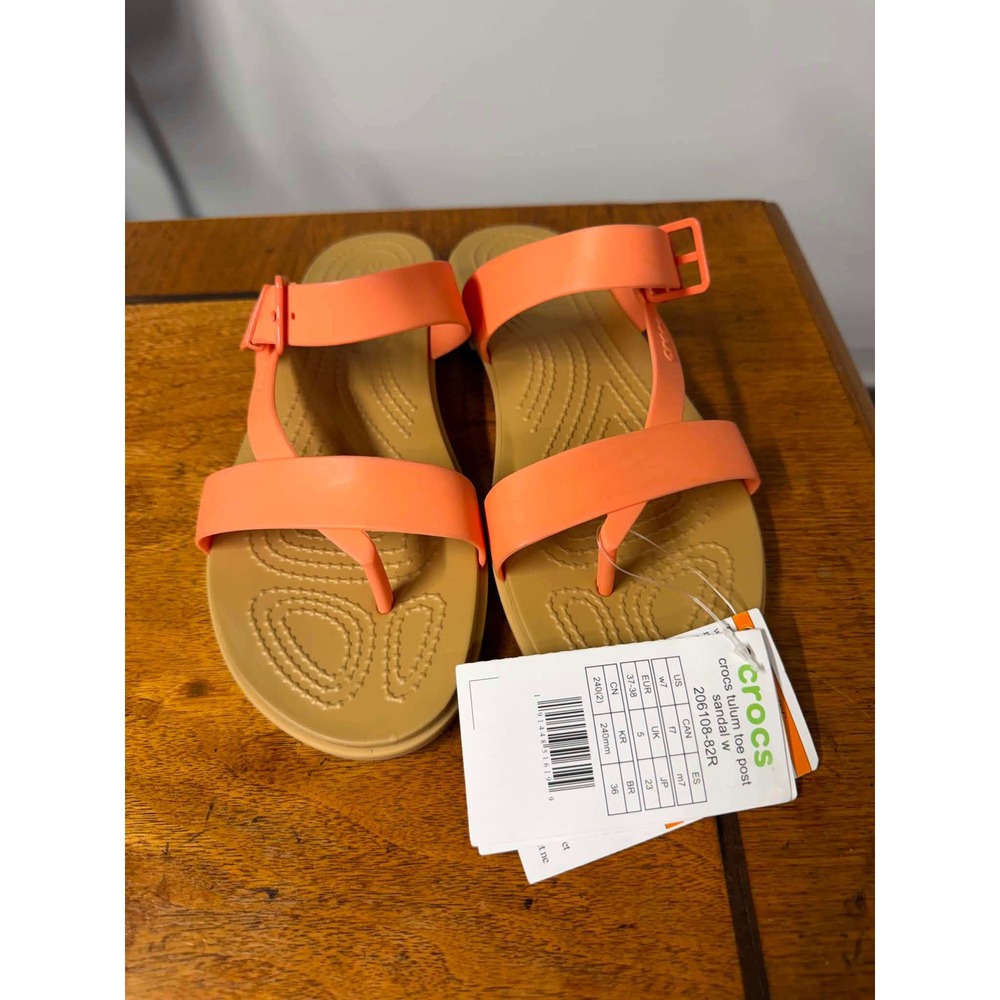 New Crocs Womens 7 Orange Tulum Toe Post Sandal 206108-82R Strappy Flat Comfort